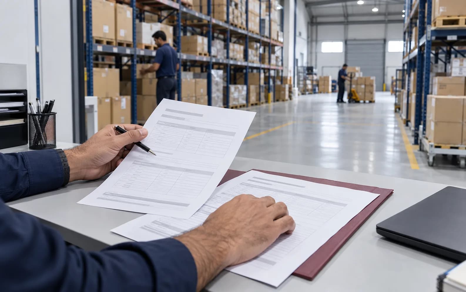 A warehouse manager reviewing premises paperwork at a desk, with storage racking and staff working behind